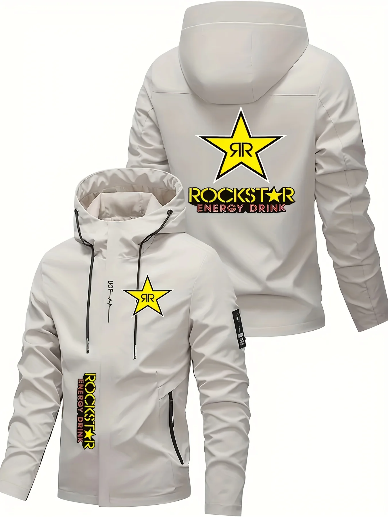 سترة بغطاء للرأس ثقيلة الوزن للرجال من Rockstar Logo - معطف بسحاب كامل مقاوم للرياح مع جيوب بسحاب ملابس خارجية للدراجات النارية في الشارع