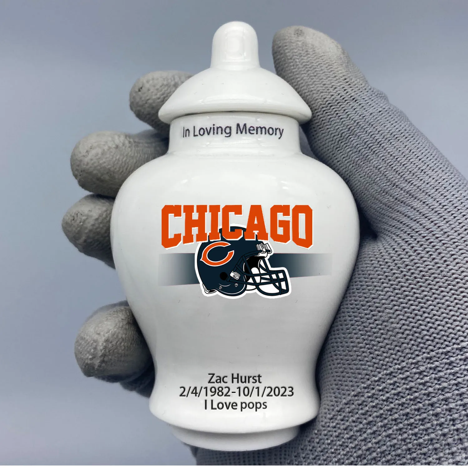 Mini Urn for Chicago Bears-themed Logo Urn.Please send me the customization information - name/date and number on the urn!