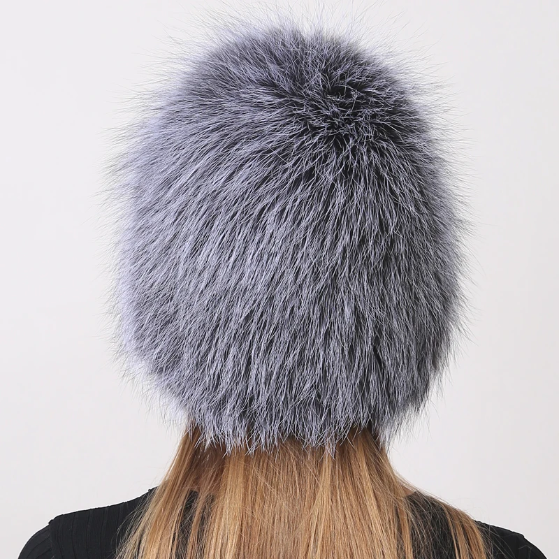 New Luxury 100% Natural Fox Fur Hat Knitted Warm Winter Fluffy Top Stylish Russian Girls Women's Hats Elastic Beanies Round Cap