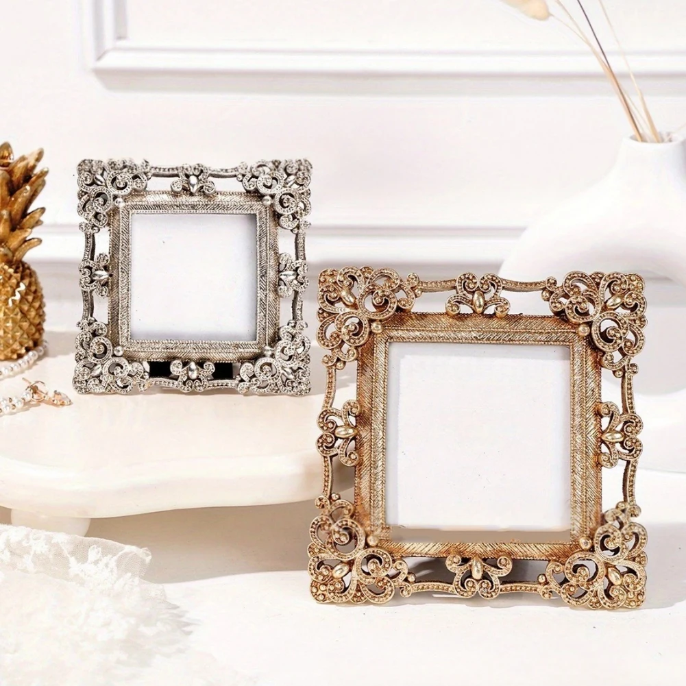 

Настольная подставка для фотографий из смолы, винтажная золотая рамка, квадратный дизайн, с подставкой-мольбертом, антикварная отделка, декоративный бордюр