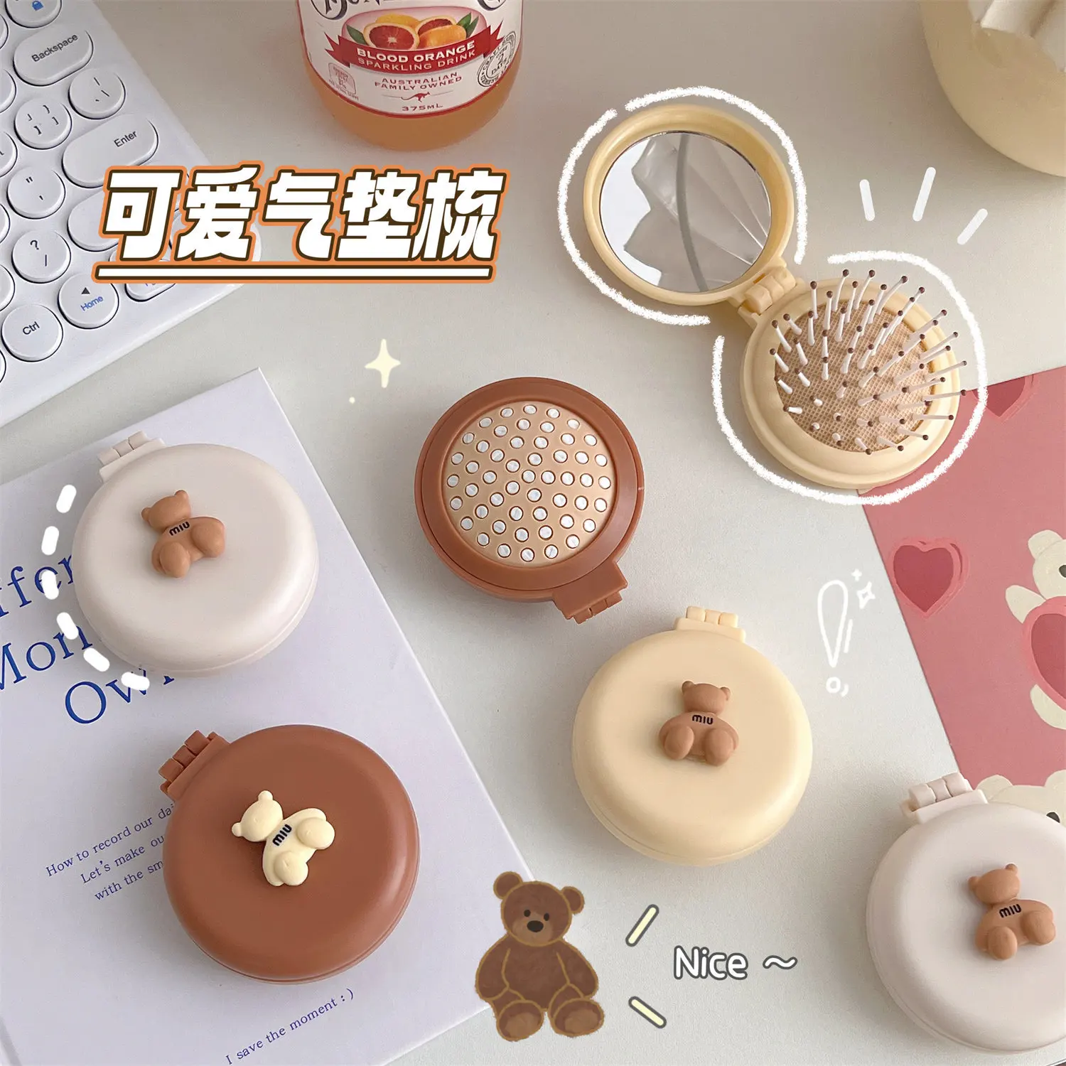 Cute Folding Air Cushion Comb with Mirror Portable Travel Hair Brush for Girls Massage Plastic Small Comb Makeup Mirror