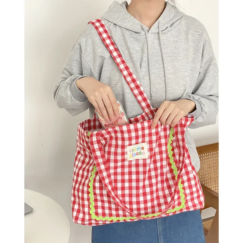 Retro Plaid Women\'s Canvas Shoulder Bag Colorful Large Capacity Ladies Travel Tote Handbags Portable Female Eco Shopping Bags