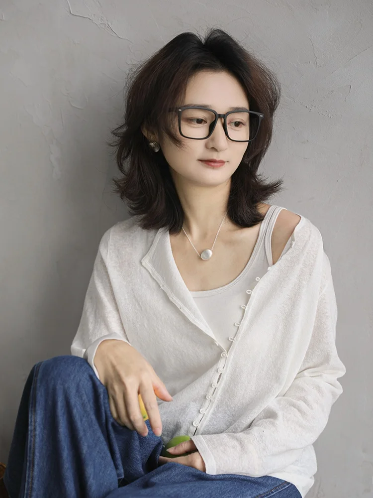 

Women's Linen Cotton Knitted Open Cardigan White Sunade Loose Fit Spring Summer Top Ultra Thin Long Sve round Ne