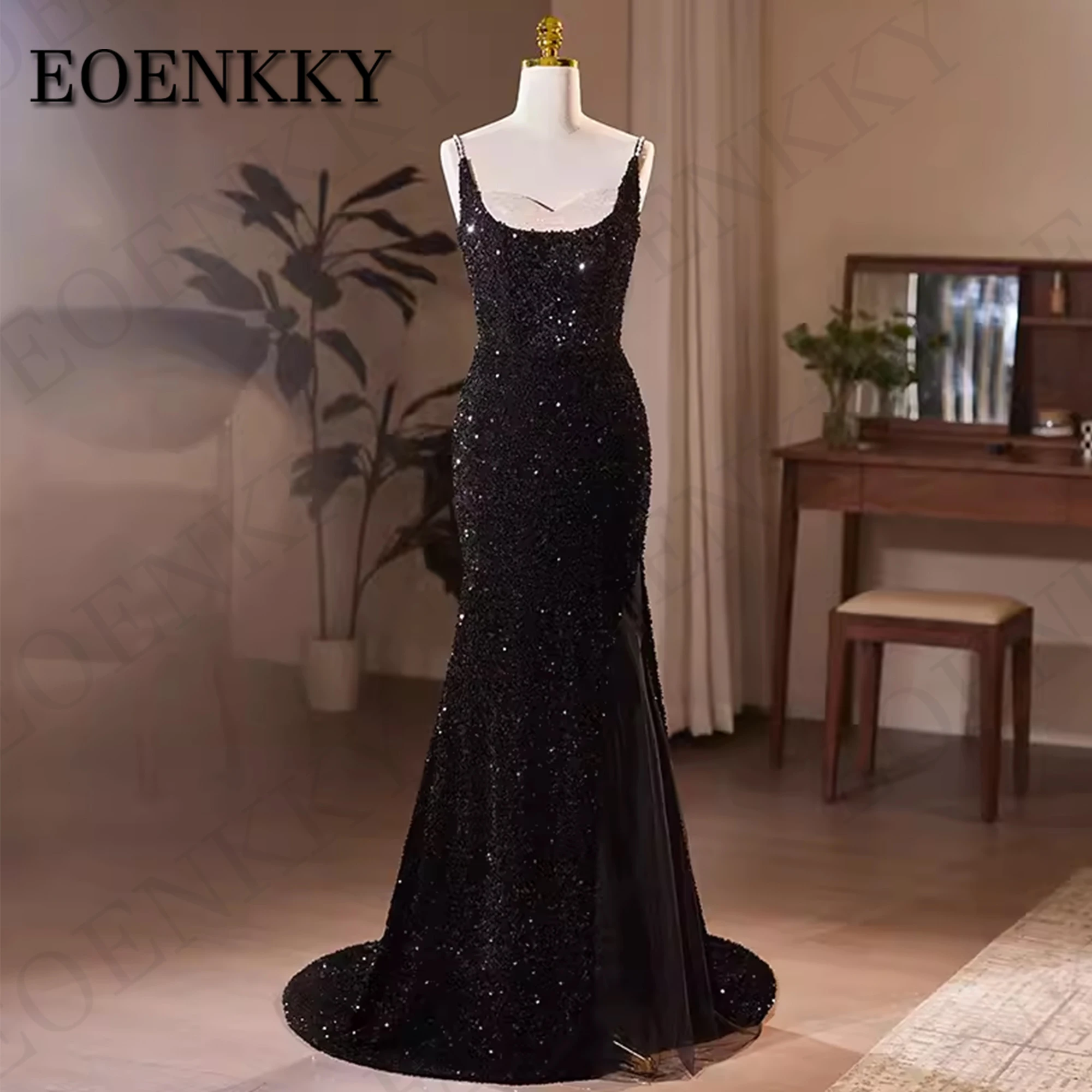 

Black Modern Sequin Evening Dress Mermaid Sexy Backless Pearls Spaghetti Straps Formal Occasion Dresses Woman vestido de noche