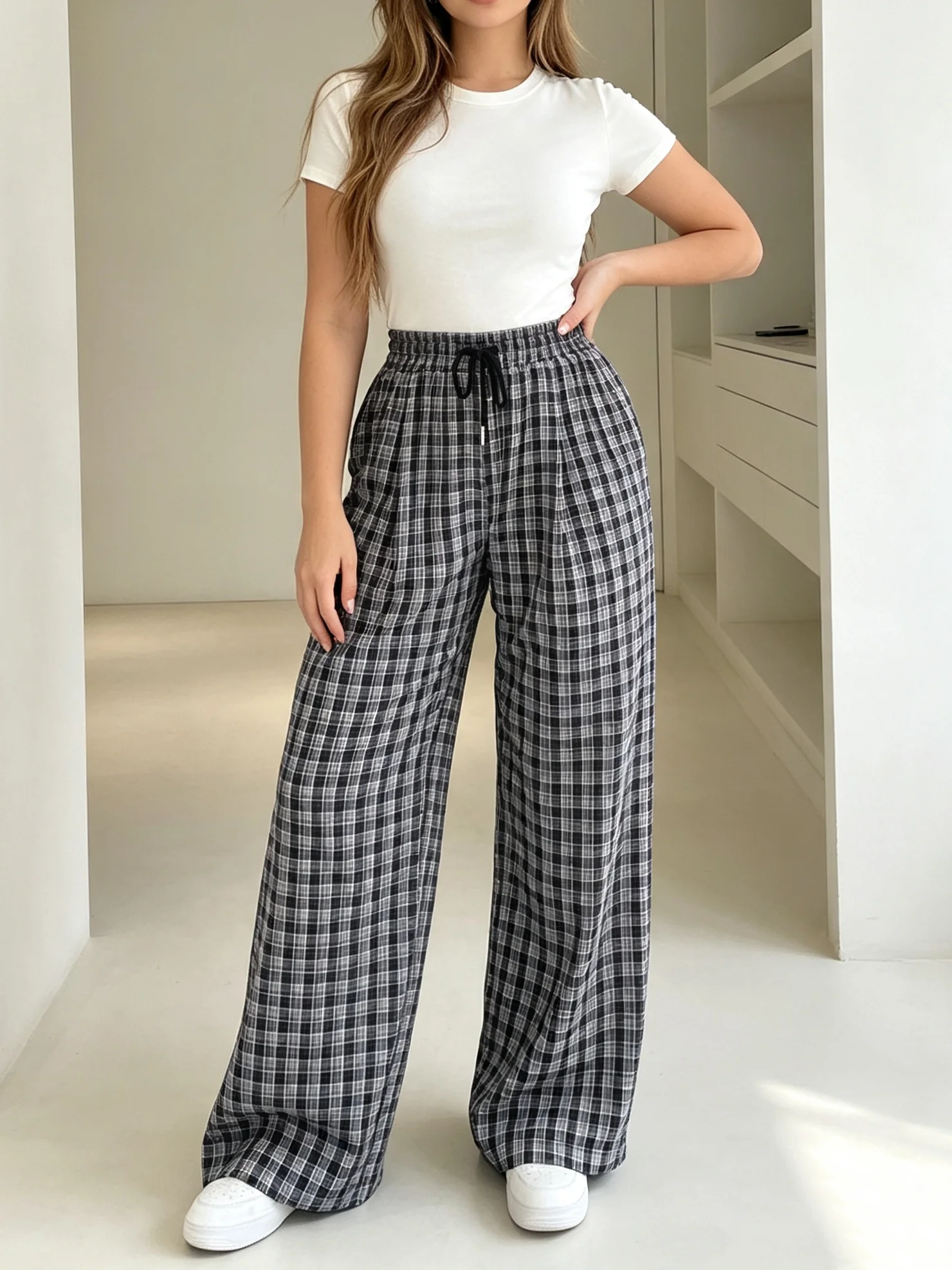 Plus Size Women's Summer Casual Checkered Wide Leg Pants Elastic Waistband Drawstring Loose Long Trousers Comfortable