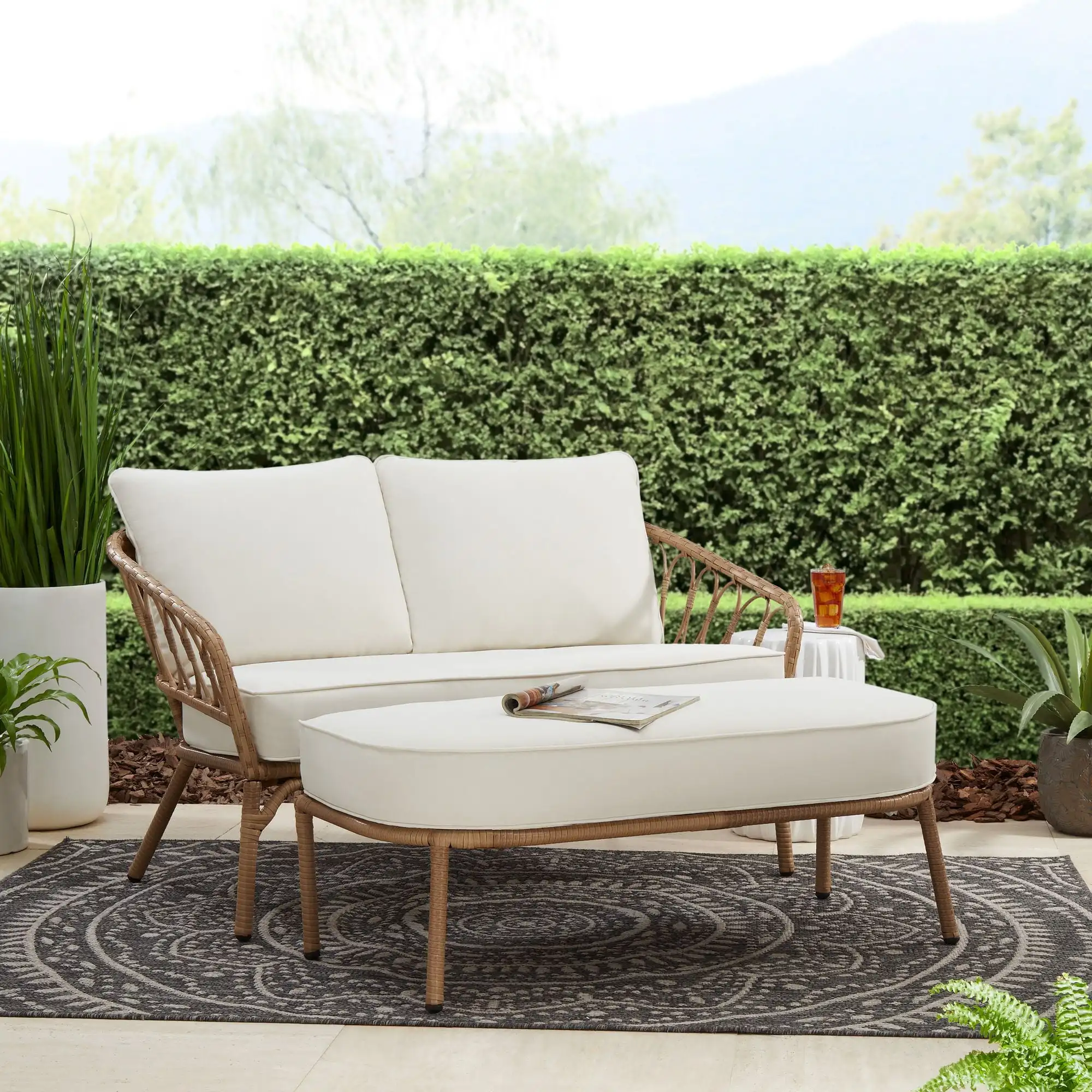 Willow Sage All-Weather Wicker Outdoor Loveseat and Ottoman Set Beige Suitable for use alone in smaller outdoor Spaces