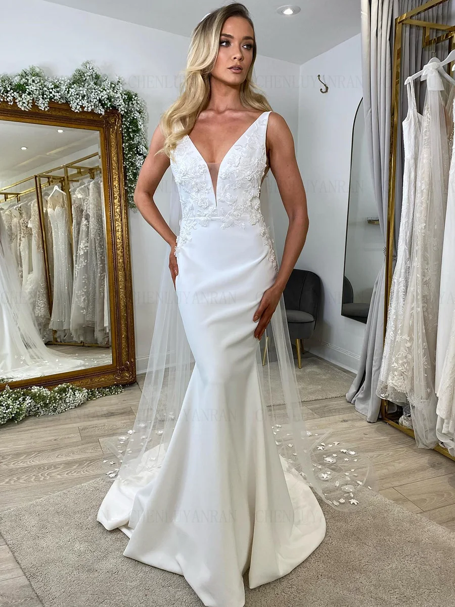 

Mermaid Elegant Wedding Dresses V-Neck Backless Satin Wedding Bride Dress Applique Long Dresses For Wome 2024 Vestidos De Novia