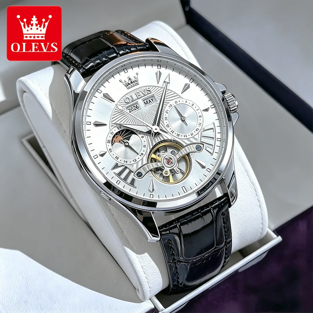 OLEVS Men's Watches Casual Fashion Moon Phase Automatic Flywheel Movement Mechanical Wristwatch Waterproof Luminous Calendar New