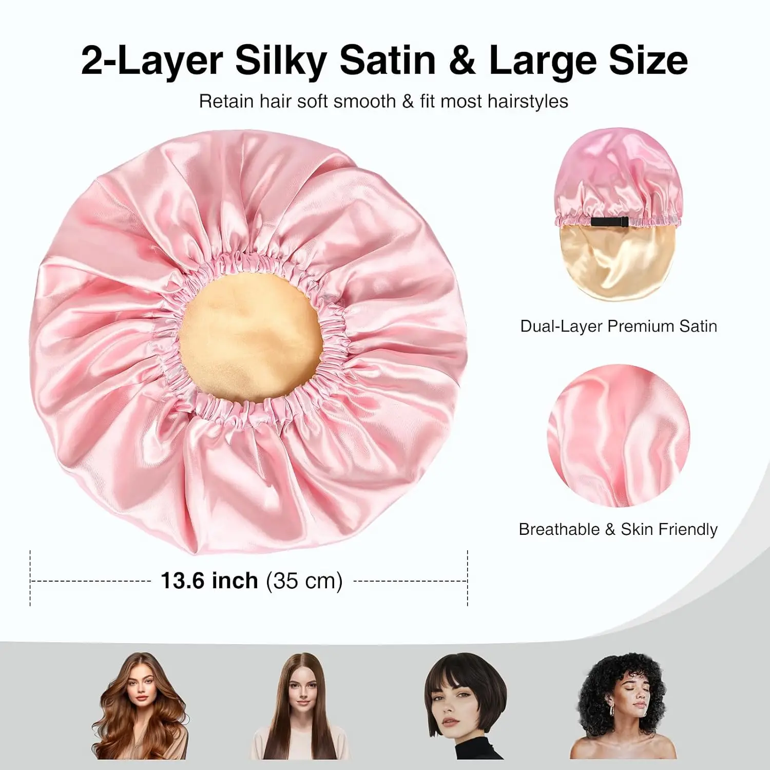 Adjustable Double-Layer Reusable Shower Cap, Large for All Hair, Girls Spa Bath, Soft for Women Long Hair
