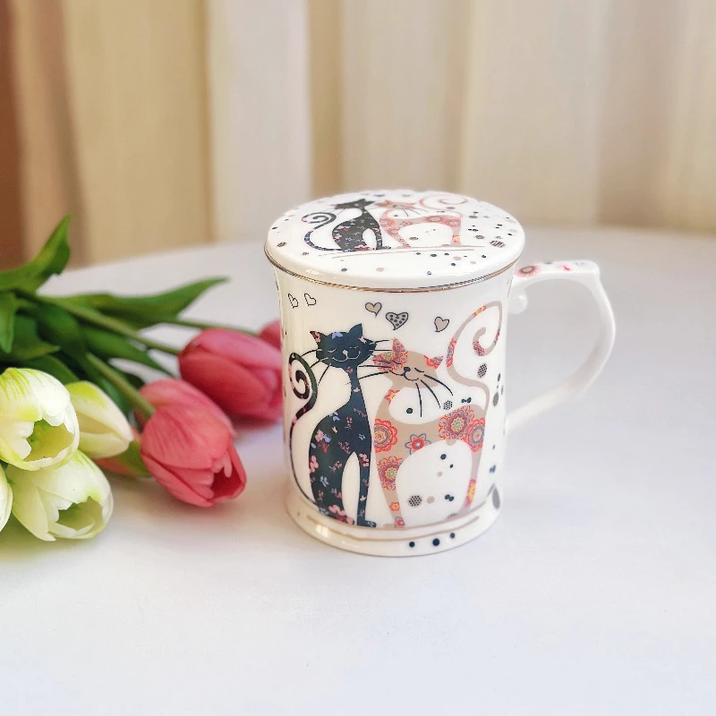 

Cute cat-patterned ceramic cup with lid,bone China mug,creative animal-printed coffee cup tea cup suitable for home office gifts