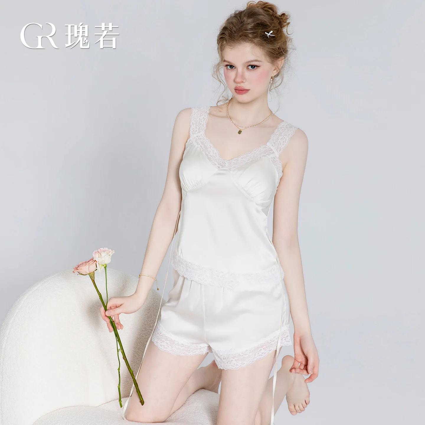 Sexy V-neck Top With Chest Pads Satin Lace Waist-cinching Tie-up Top And Shorts Two-piece Home Set Casual Pure Desire Charm QC3X - view 5