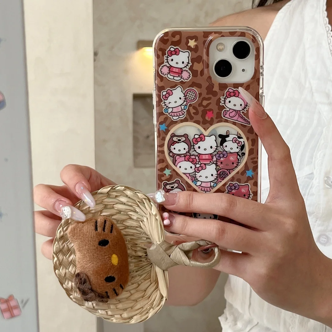 

Hello Kitty Leopard Print Heart Phone Case For iPhone 16 Pro Case iPhone 13 14 15 16 Pro Max 3D Plush KT Doll KeyChain Cover