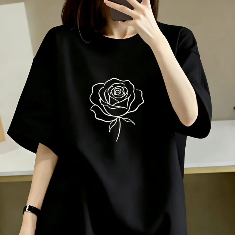 2026 Extremely Simple Line Rose Printed T-shirt Simple Line Loose Cotton Short Sleeve Gentle Style Casual Top