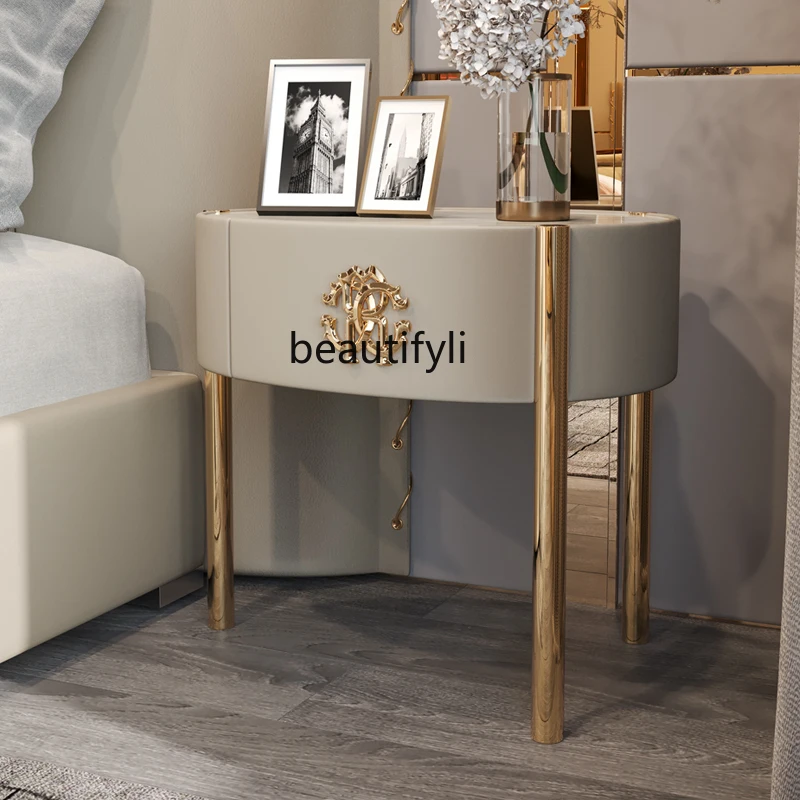 

Bedside Table Italian Style Light Luxury Bedside Cabinet Minimalist Postmodern Beige Bedroom Storage Cabinet Metal