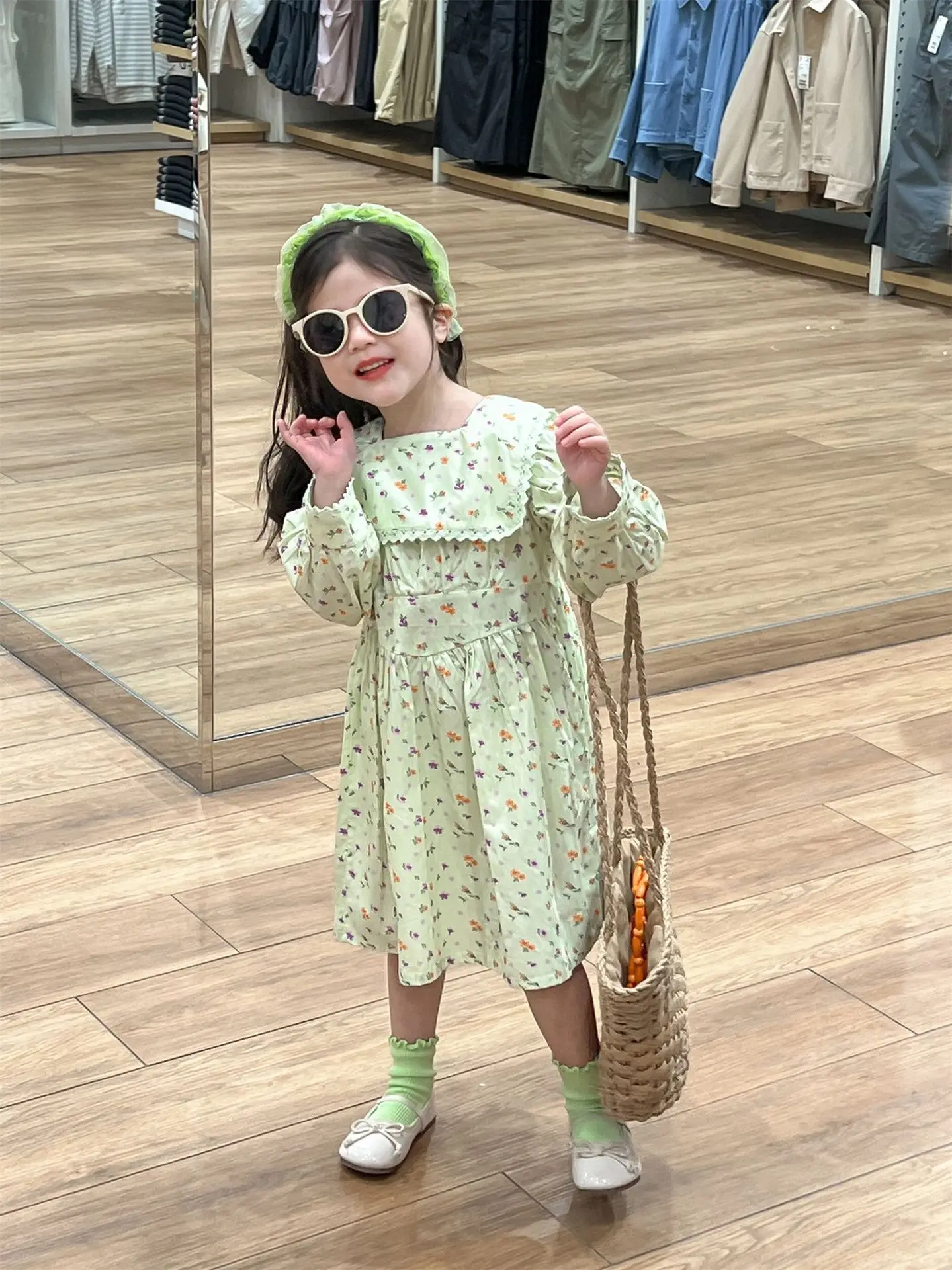 Dress For Kids Spring 2024 Long Sleeve Cute Floral Princess Fashion Dresses Baby Girl 2 3 4 5 6 7 8 9 Years Autumn Green Clothes