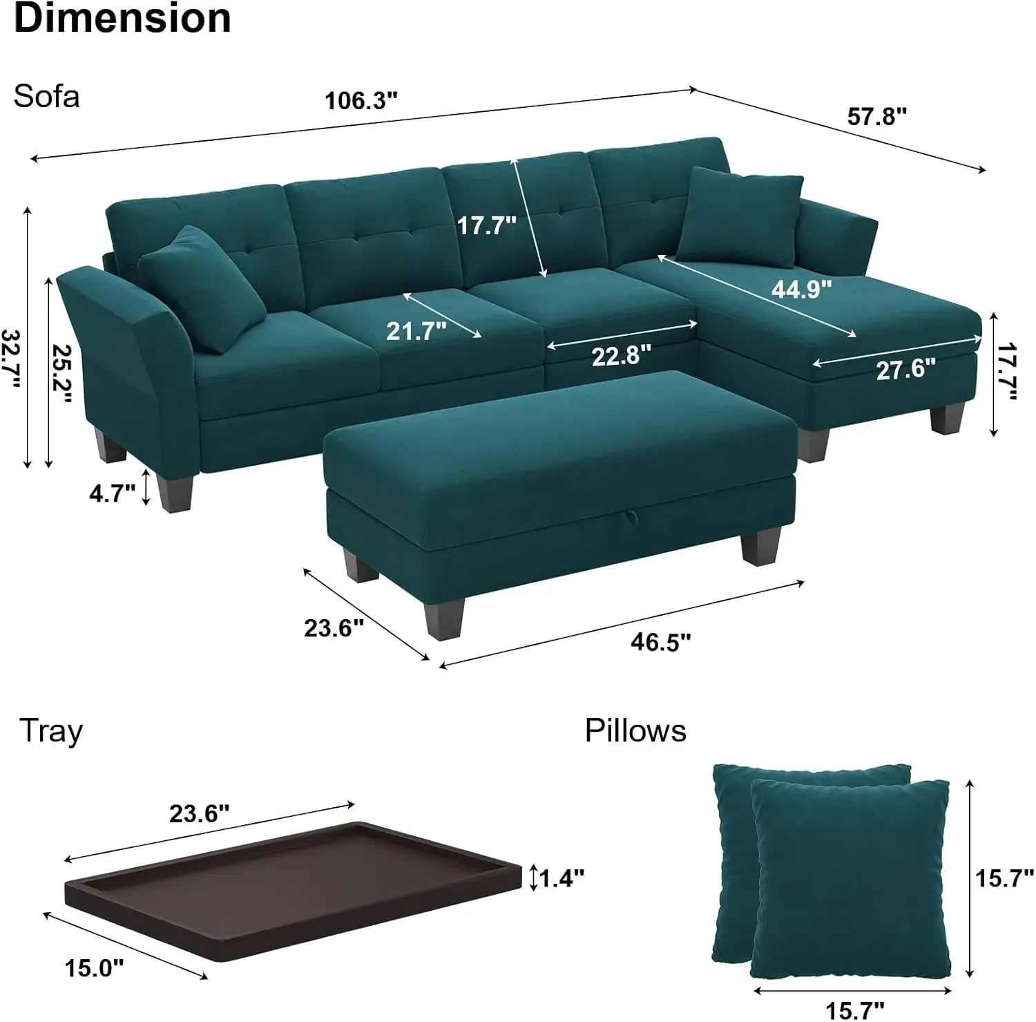 Velvet Couch Convertible L Shaped Sofa with Reversible Large Ottoman