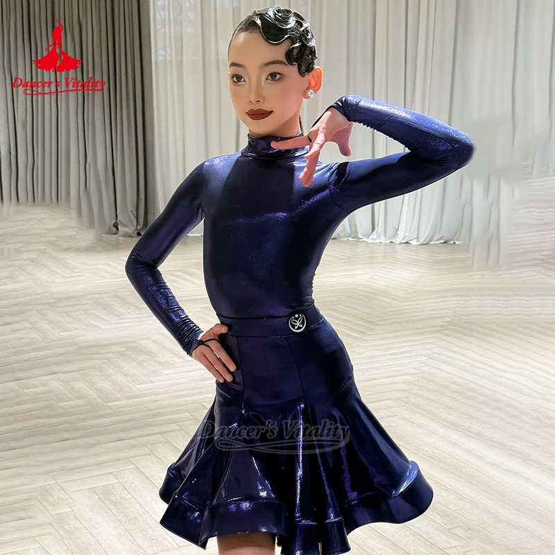 Adolescente dança latina prescrição competição manga longa gancho dedos tecido brilhante terno chacha treinamento vestir vitalidade do dançarino