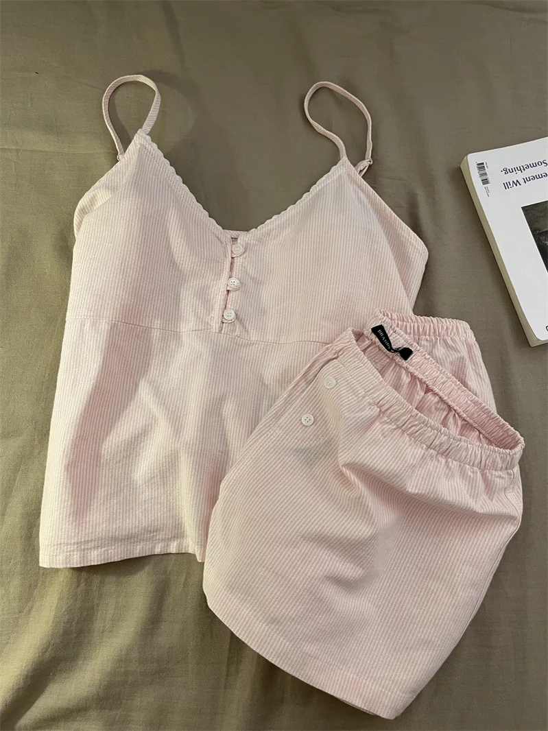 

Sweet Korean Sle Striped Pink Spwear Set Women's ort Pants Home Clothes Summer New plus Size Strap Spwear