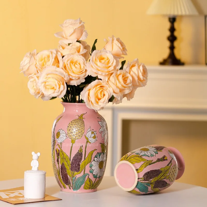 Ceramic Vase Cylinder Hand Drawn Creative Flower Vases Luxury Retro Room Decorative Ornaments Art Home Decoration Products