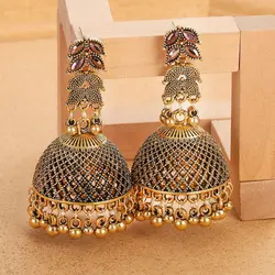 Ethnic Gold Color Big Bell Dangle Earrings for Women Vintage Jewelry Pink Zircon Hollow Bells Carved Earrings Indian Earrings
