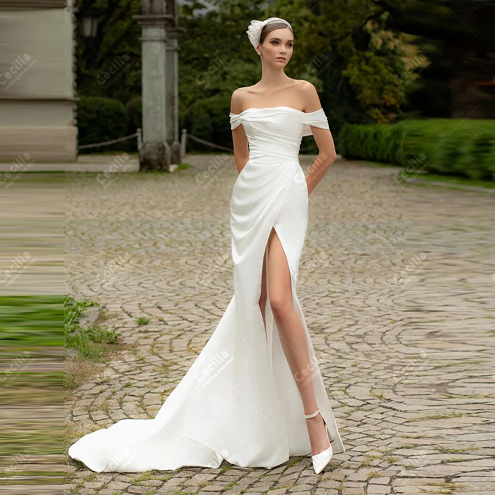 간단한 웨딩 드레스 우아한 신부 가운 오프 숄더 가운 섹시한 하이 슬릿 백리스 현대 맞춤형 Vestidos De Novia