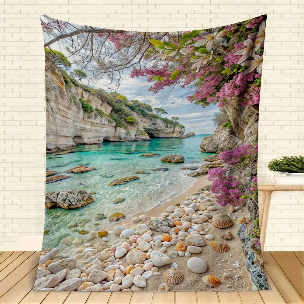 Manta de escena de playa Tropical, conchas de mar turquesas, estampado rosa, cálida y acogedora manta de franela suave para