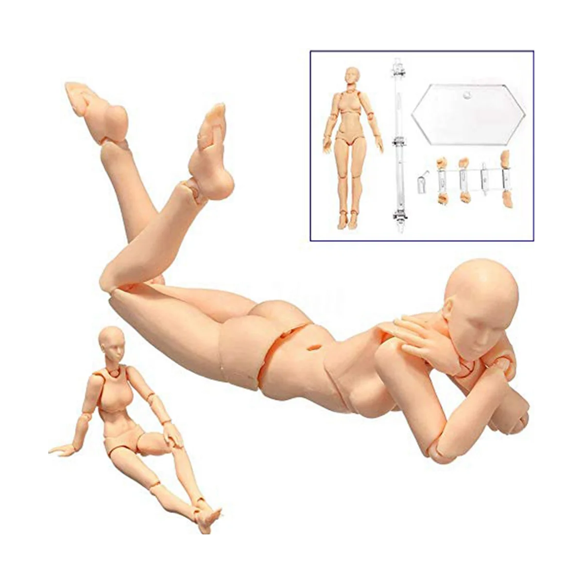 Muñeca de cuerpo articulada para hombre y mujer, maniquí articulado con cabeza de bloque para artistas, conjunto de dibujo, color gris