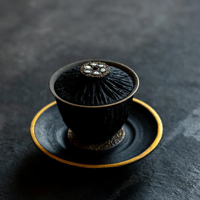DSA   tile gray black three talents cover bowl lotus life auspicious and kind tea bowl large hand-painted gold kung fu tea set