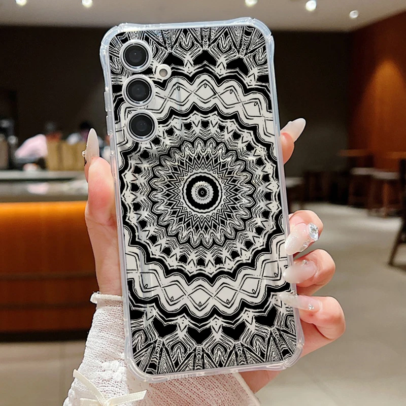 Retro Flower Totem Pattern Clear Case For Samsung Galaxy S26 S24 S23 Ultra S22 Plus S25 Edge S25 FE Card Bag Wallet Phone Cover