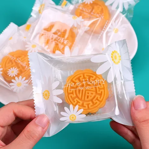 Pack 100 Daisy Flower Gift Bag Cookie Dessert Packaging Transparent Biscuit Nougat Bags Party Decoration Multipurpose