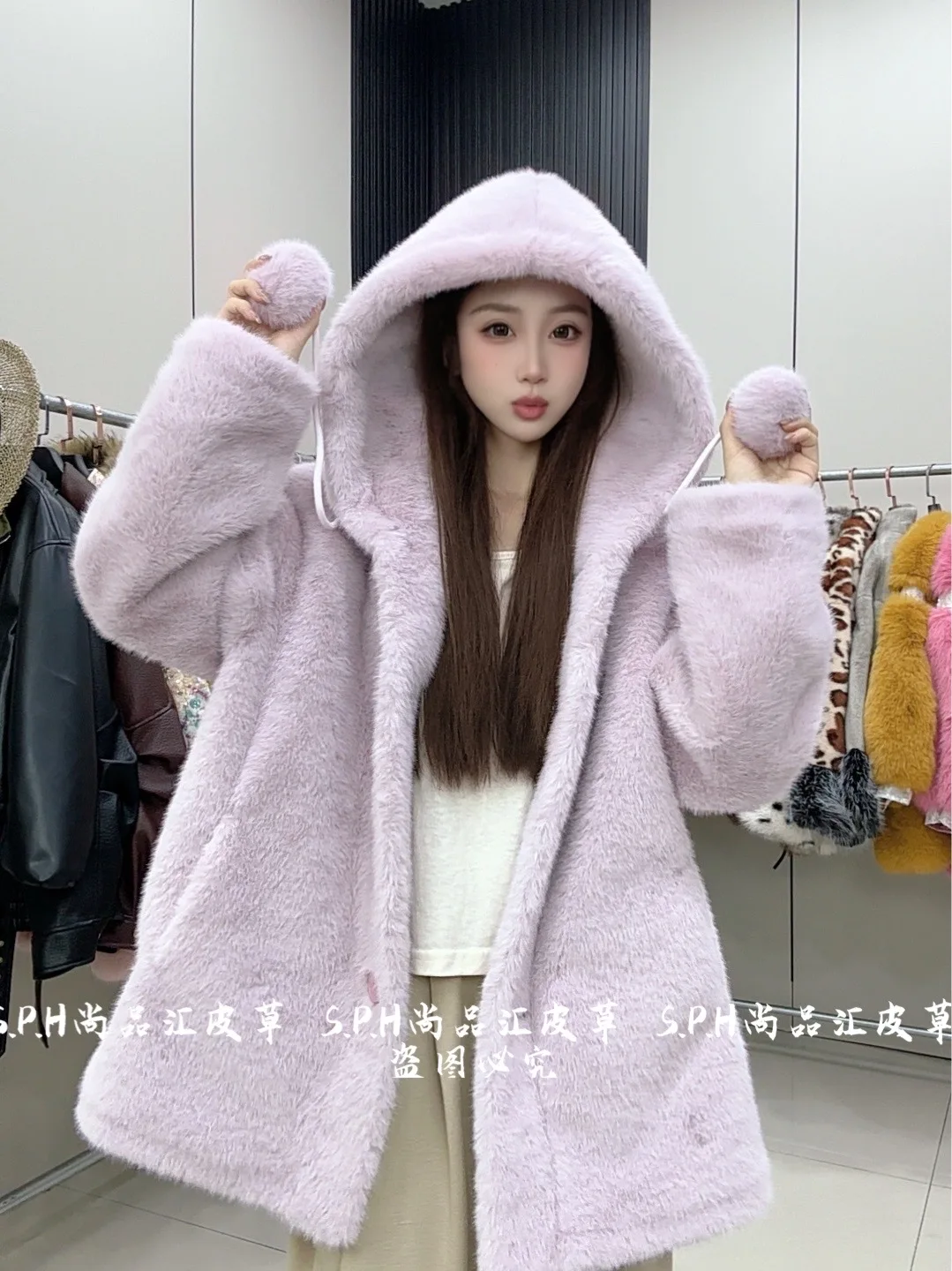 2025 New Women's Winter Cute Age-Reducing Hooded Fur Ball Mid-Length Coat Faux Fur Coat Mid-length Solid Color Fluffy Jacket