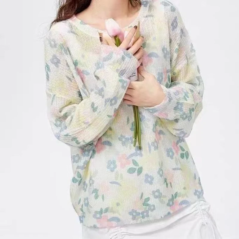 Spring Autumn New Round Neck Long Sleeve Sweater Women High Street Floral Printing Pullovers Elegant Cute Fashion All-match Tops