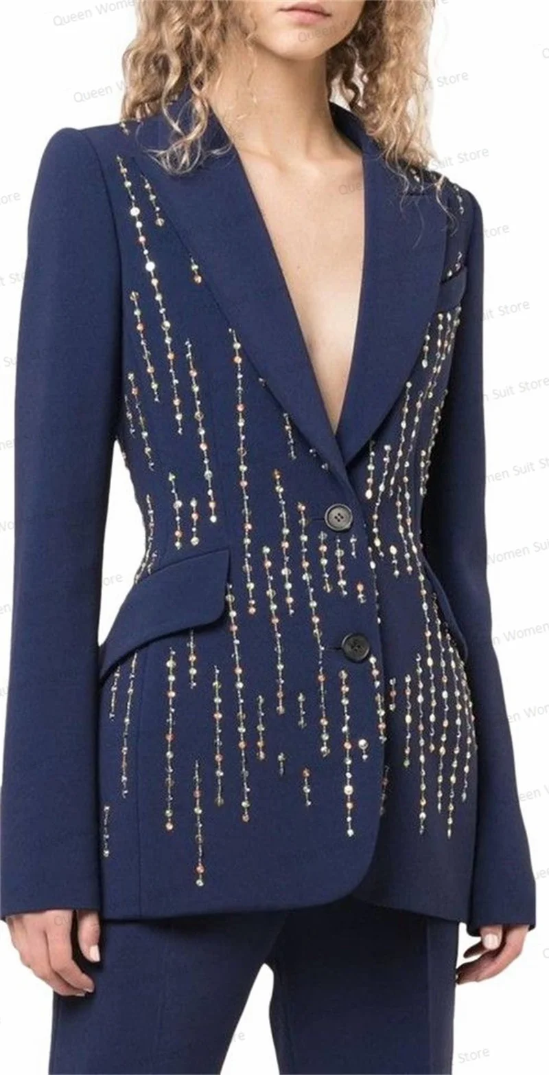 Luxury Navy Blue Women Suits Pant Set 2 Piece Beaded Blazer+Straight Trouser Formal Office Lady Wedding Tuxedo Jacket Party Coat