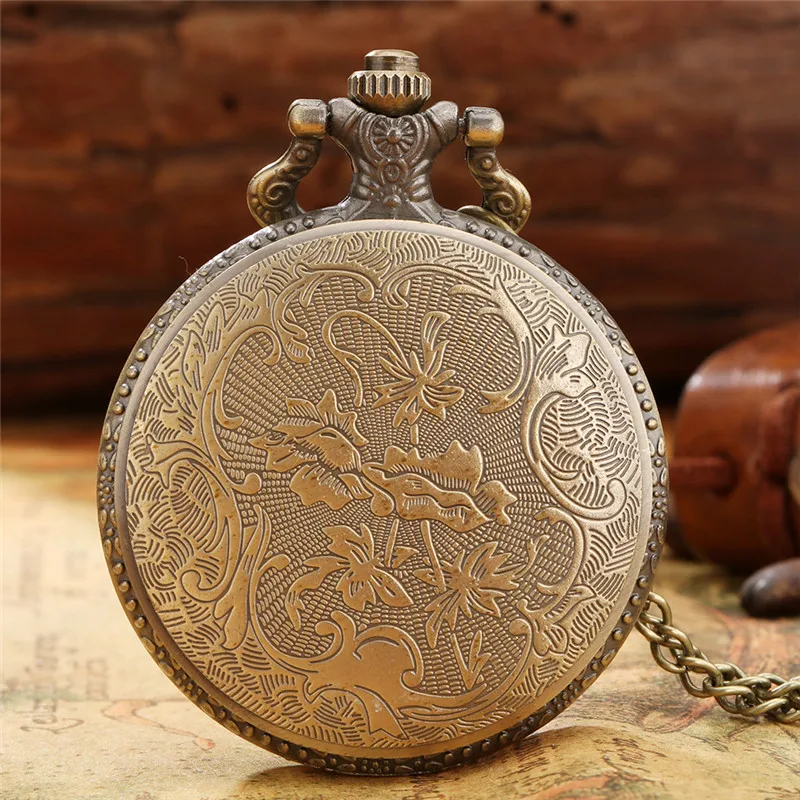 Antique Style Lovely Owl Pattern Men Women Retro Quartz Analog Pocket Watch Arabic Number Full Hunter Clock with Necklace Chain