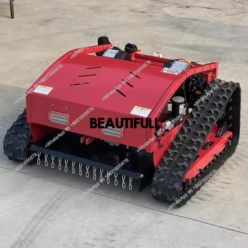 Remote-controlled electric lawn mower on tracks, small multifunctional agricultural weeder with four-wheel drive   engine