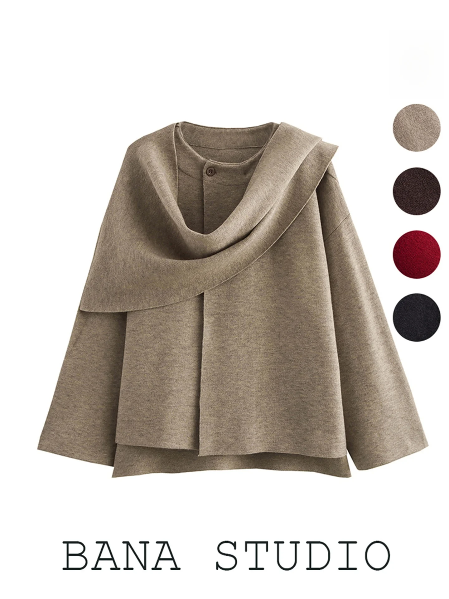 BANA Winter Knitted Cardigan Women's Sweater with Scarf Collar Thickened Long Sleeve Casual Style Soft Acrylic Blend Coat