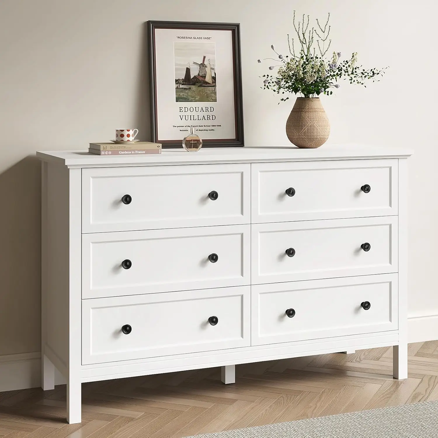 White 6 Drawer Double Dresser with Deep Storage & Metal Handle, Wood Chest for Bedroom Hallway Entryway, Customized