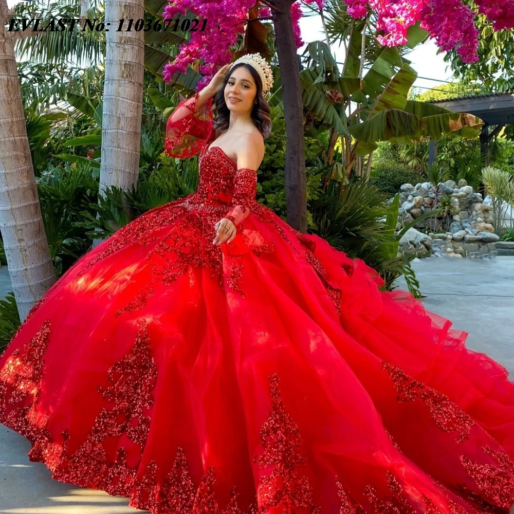 فستان Quinnceanera أحمر مخصص من EVLAST فستان حفلة مزين بالترتر مطرز بالكريستال متدرج حلو 16 فيستدوس دي 15 أنوس SQ597