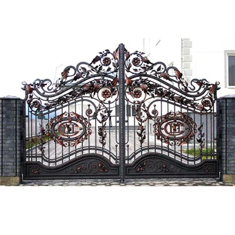 cj-Modern Black Wrought Iron Double Door Exterior Main Entrance Metal Model with Decorative Balustrades & Handrails@