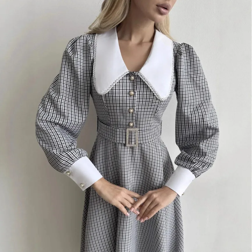 فستان أنيق ذو طية صدر السترة على الطراز الفرنسي ذو طية صدر السترة من الدانتيل منقوش أنيق بصدر واحد وأكمام منتفخة مع حزام خصر