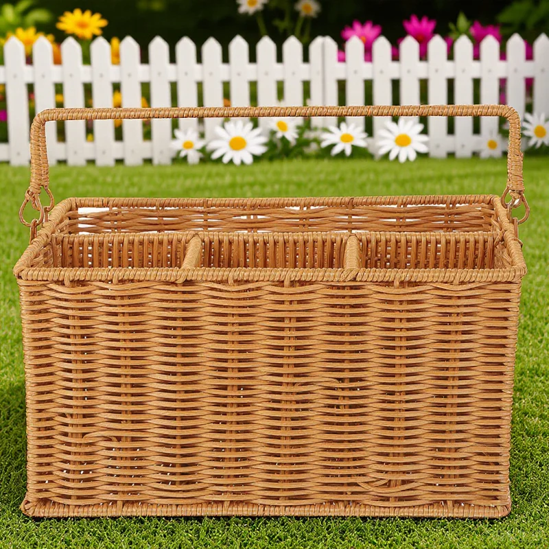 

Imitation Rattan Basket Hand Woven Rustic Cutlery Holder Kitchen Utensil Organizer Flatware Storage Basket Essential Tool