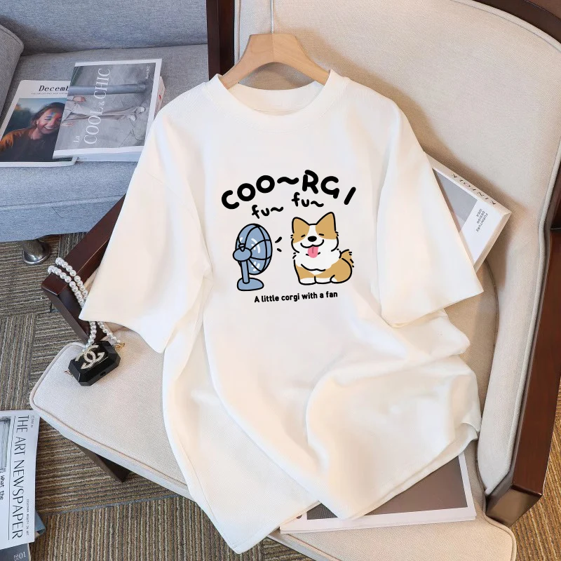 Soft Cuteness Alert  Korean -style T - Shirt Cute Fun Pattern Print Loose Short  Sleeve White Top for Women