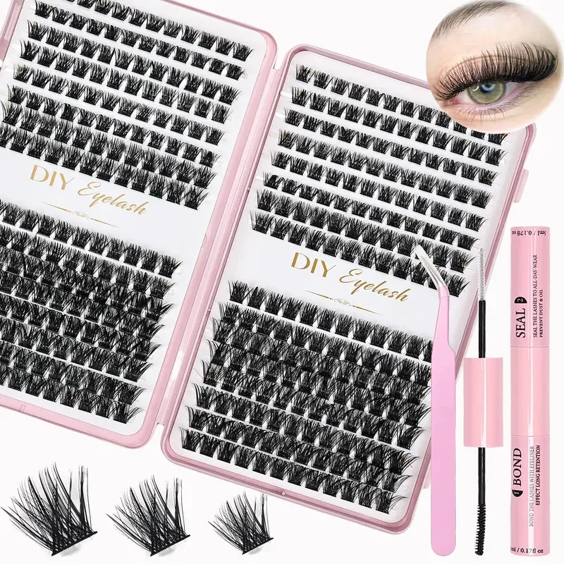 DIY-Wimpernverlängerungsset – D Curl Cluster Lashes mit Bindung und Dichtung, Applikator im Lieferumfang enthalten für den Heimgebrauch