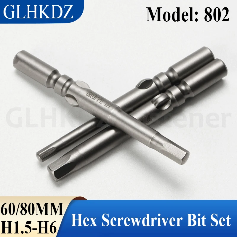 

60/80mm 802 Electric Hex Screwdriver Bit Set 6mm Round Shank Allen Bits Magnetic Driver Bits Hex Bits H1.5 H2 H2.5 H3 H4 H5 H6