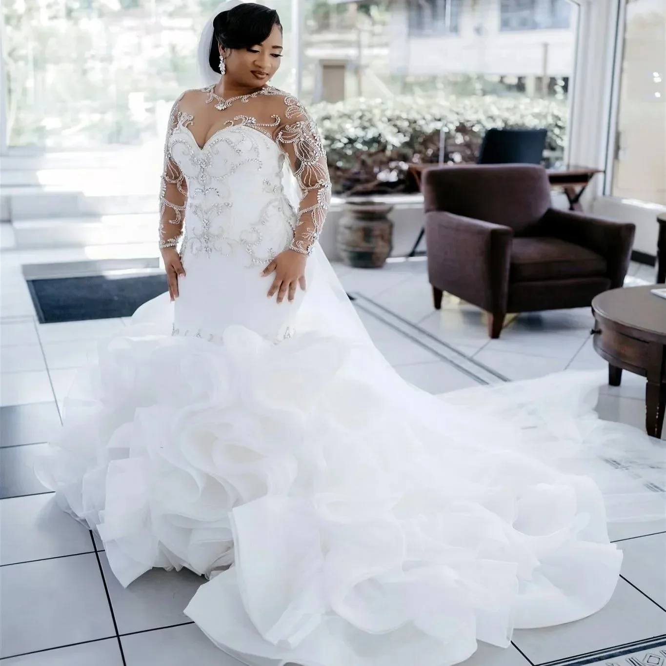 Customized Arabic Aso Ebi Plus Size Ivory Mermaid Wedding Dresses Beaded Crystals Organza Tiers Full Sleeves Bridal Gowns Dress