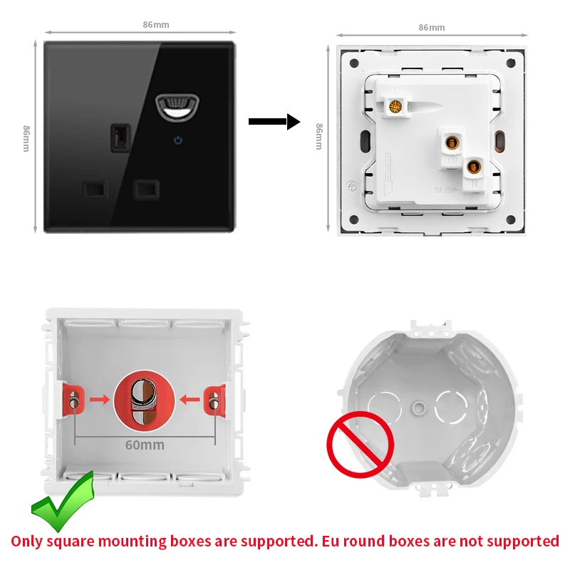 European UK FR Luxury LED Wall Light Switch Socket, 1 2 3 4 Group 2 Way on/off Tempered Glass Round Button Home EU Switch Panel - Image 6