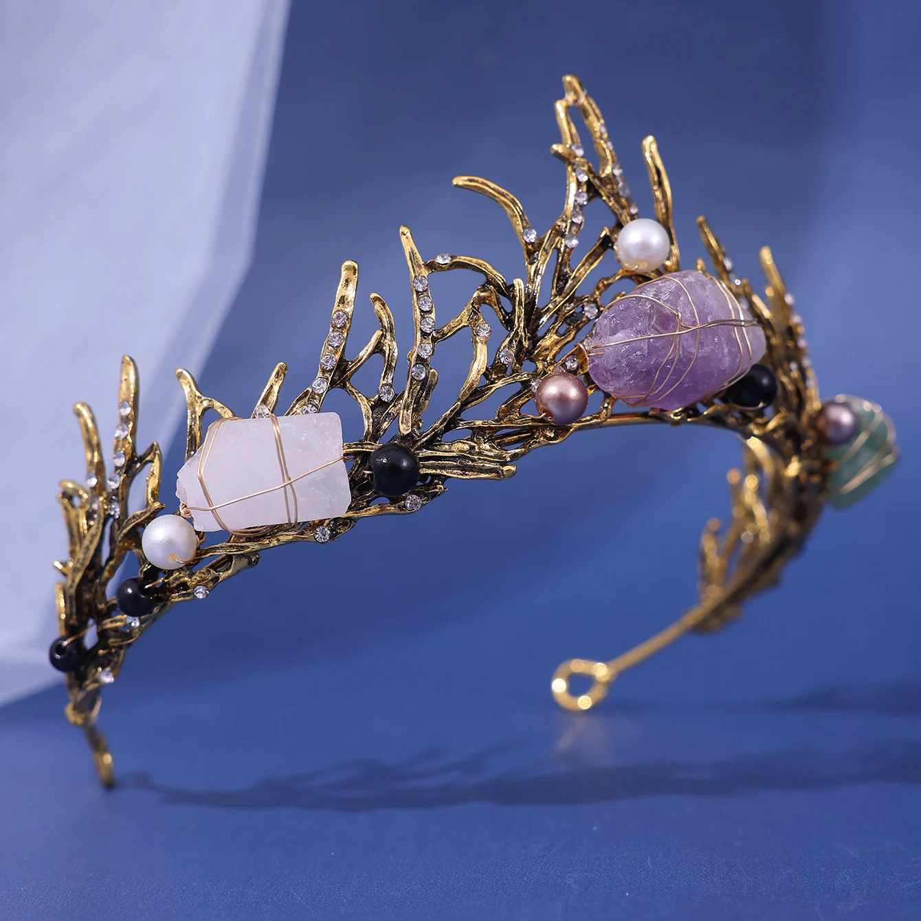Natural Amethyst WhiteCrystal Fluorite Mermaid Crown Fashion Colorful CrystalVintage MetalCrown Hair Accessories Female 1pc