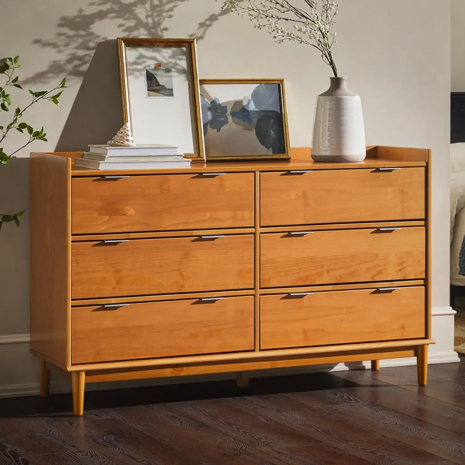 

Polay Modern Solid Wood 6-Drawer Dresser with Gallery-Top 55 Inch Caramel