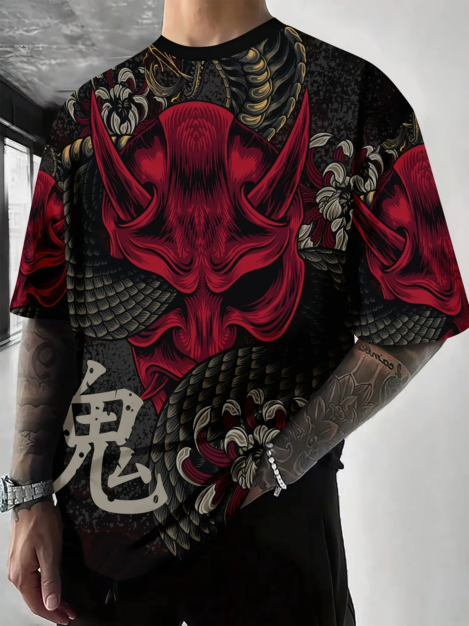 Men's T-shirt Japanese Oni Mask Dragon Tattoo Graphic Oversized Harajuku Streetwear Gothic Punk Summer Casual Unisex T‑Shirt