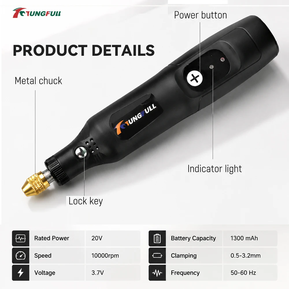 TUNGFULL 3.7V USB Engraving Pen Mini Cordless Rotary Tool Single Speed Portable Electric Grinder For DIY Jewelry Wood Polishing